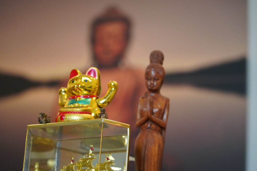 Glückskatze und Holzfigur im Studio